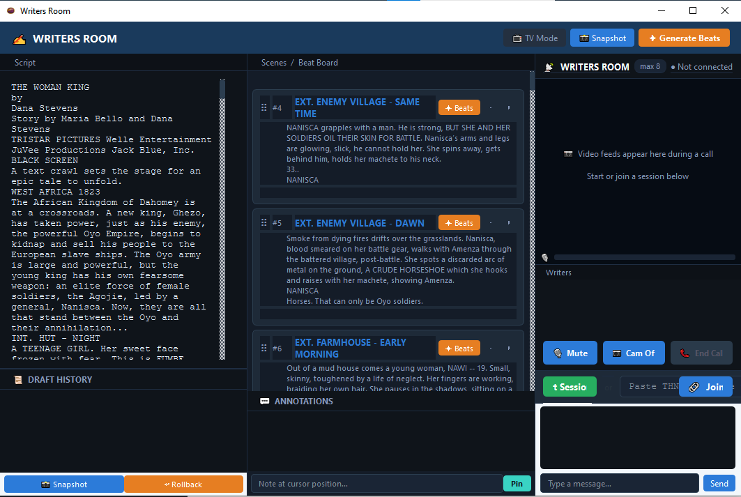 Thenema Writer Writers Room screen showing beat sheets, act structure tools, and real-time collaborative editing shared across a writing team.